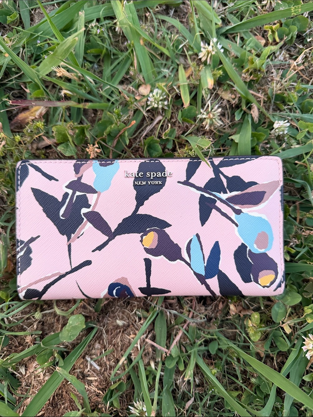 kate spade Pink Floral Print Zip Around Wallet with Blue Accents